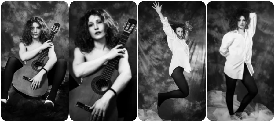 fotografie in bianco e nero di una donna con una chitarra