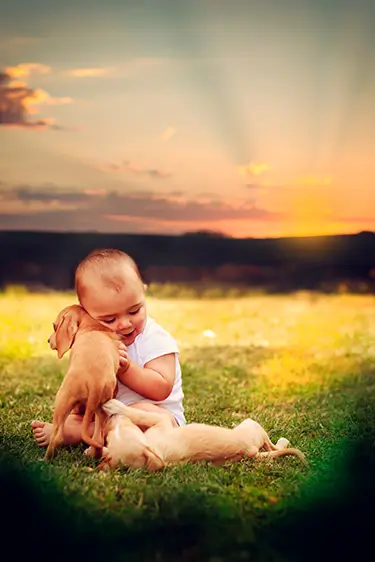 bambino con cuccio di cane ritratto contemporaneo