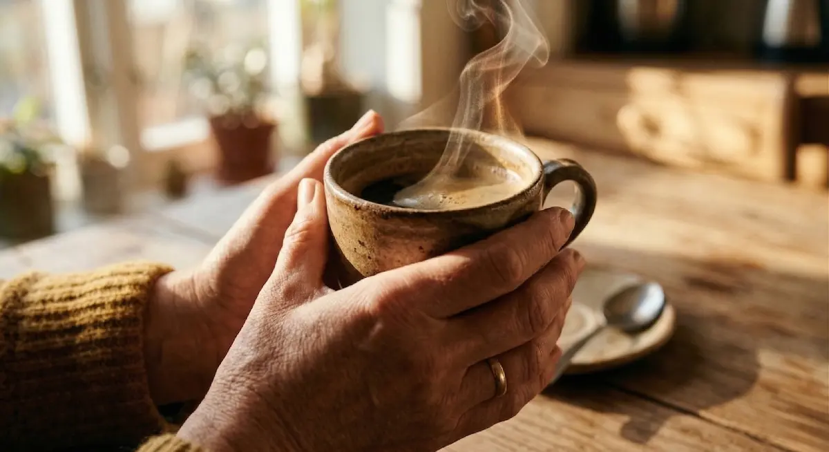 due mani che stringono una tazza di caffé