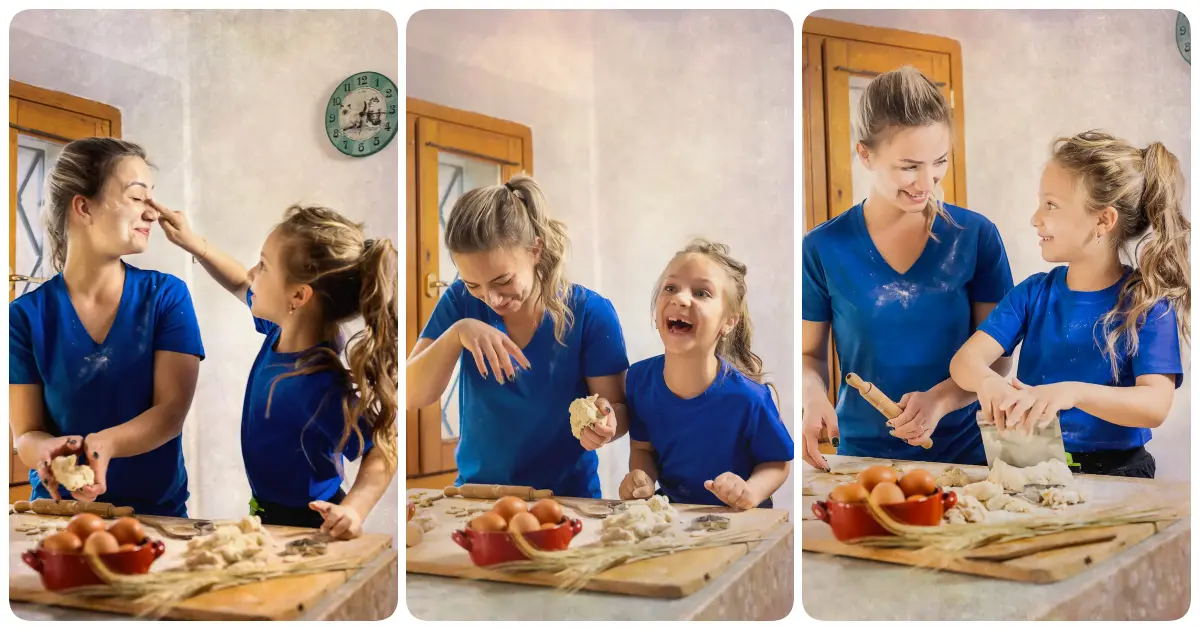 servizi fotografici mommy and me a reggio emilia - tre foto di mamma e figlia che si sporcano con la farina mentre giocano a fare un impasto