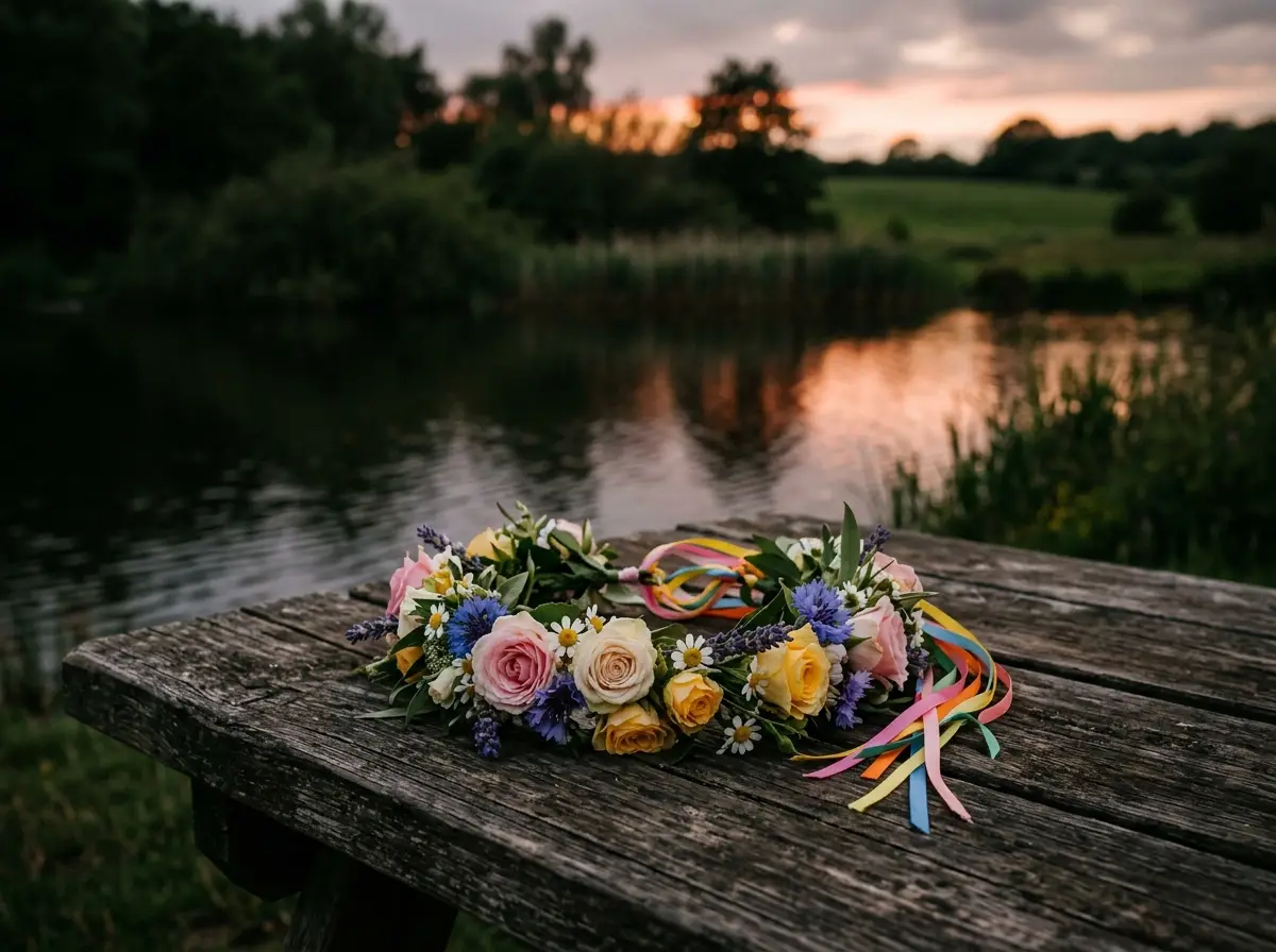 coroncina di fiori e laghetto alla luce del crepuscolo
