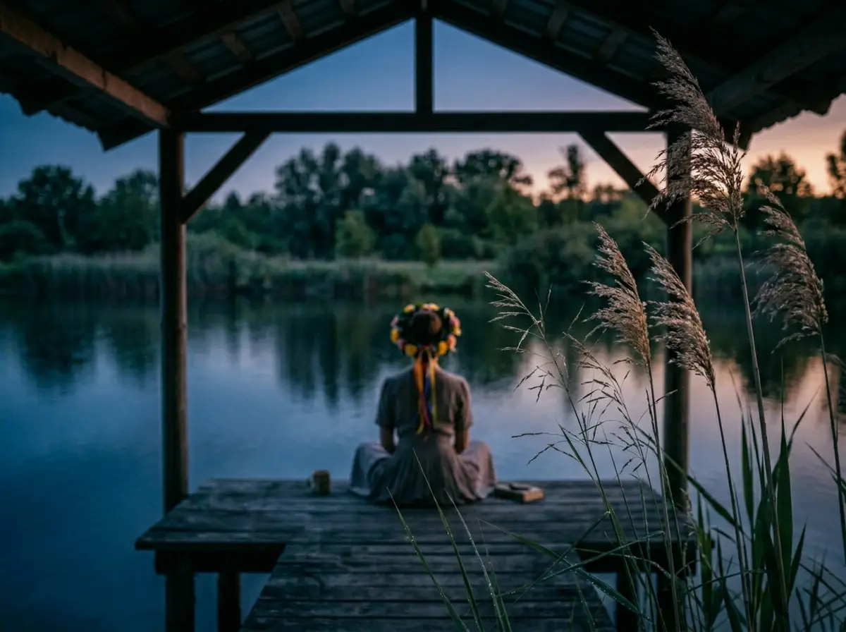 pontile su lago al crepuscolo con ina ragazza seduta che guarda l'orizzonte