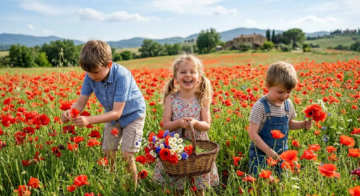 tre bambini, due maschi ed una bambina, giocano in un campo di papaveri, i maschi raccolgono fiori che porgono alla bimba che li mette in un cestino
