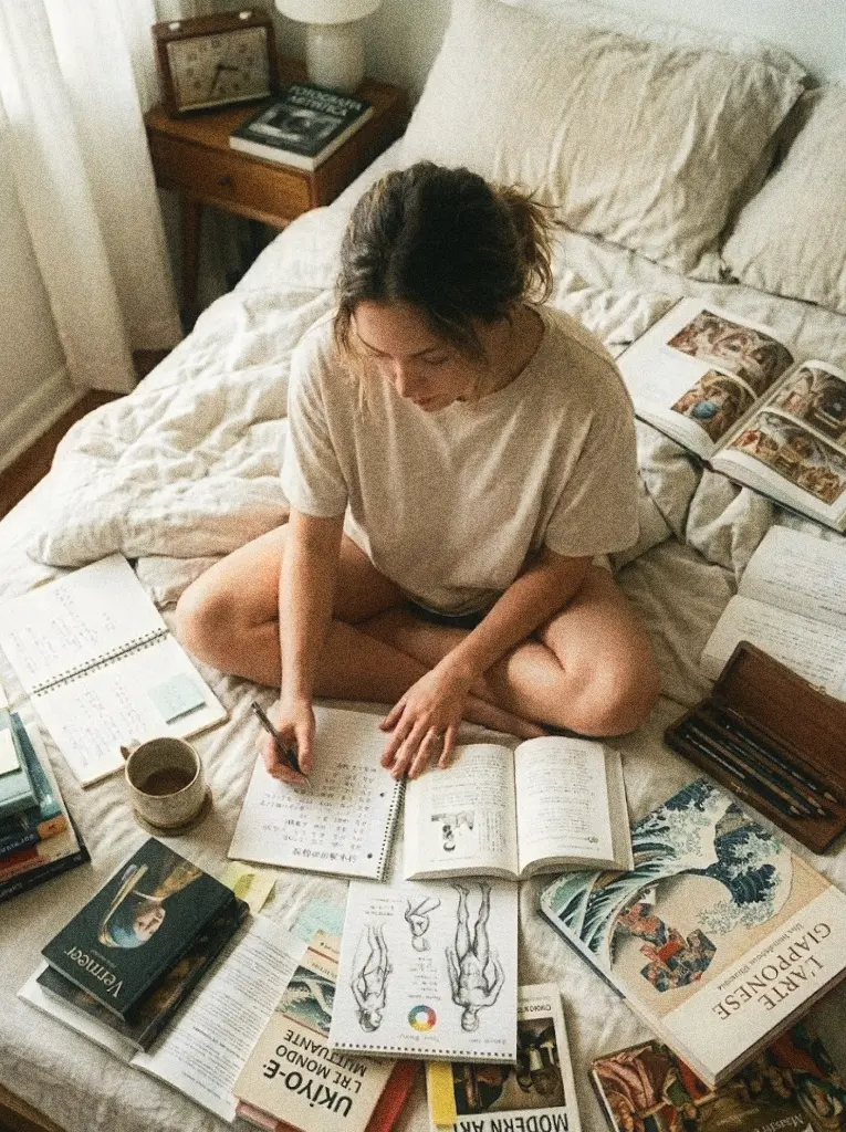autoritratto di donna seduta sul letto circondata dalibri e appunti sull arte