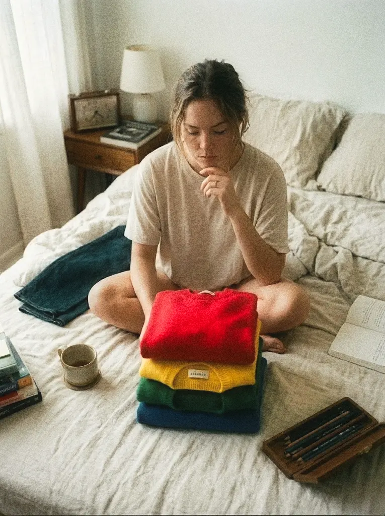 autoritratto di donna seduta sul loetto con una pila di maglioni colorati