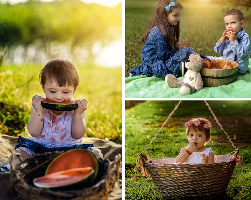 ritratto bambini mangiano frutta in location web