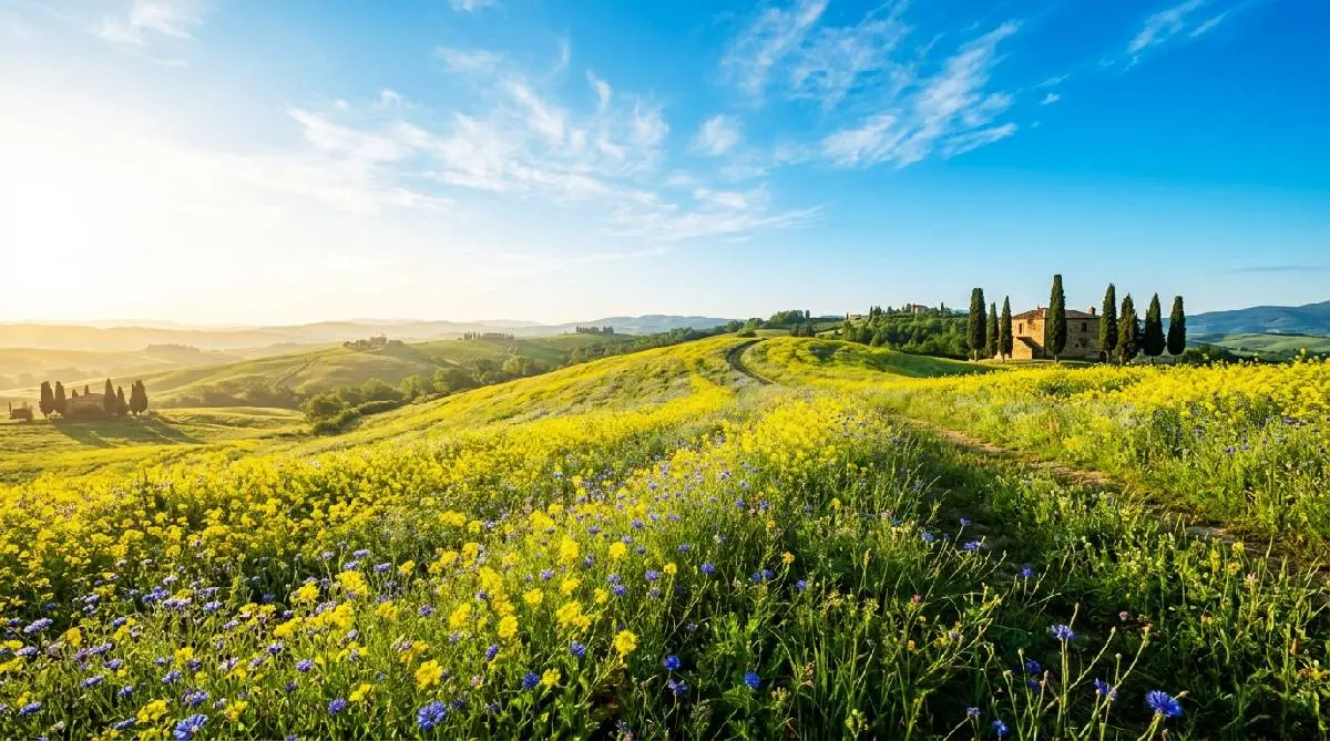 prato fiorito collinare con casolare di primo mattino in primavera